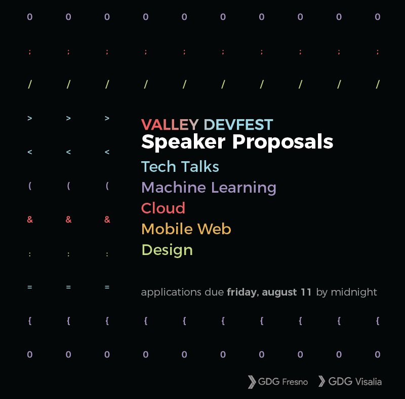 BitwiseInd's tweet photo. Interested in becoming a speaker at @gdgfresno's #ValleyDevFest ? Send in your application by 8/11! https://t.co/dgW394b7n3 #Fresno #Tech https://t.co/QCY0bmj152