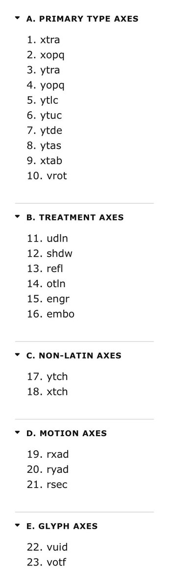 axis_praxis's tweet image. Twenty-three proposals for registered axes in #variablefonts, from @dberlow variationsguide.typenetwork.com