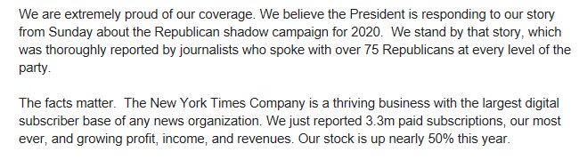 NYTimes Communications (@nytimespr) on Twitter photo <a href="/realDonaldTrump/">Donald J. Trump</a> That is incorrect. NYT’s business is thriving. Most ever paid subs: 3.3 million; and growing profit, income and revenues. (1/2) <a href="/realDonaldTrump/">Donald J. Trump</a> That is incorrect. NYT’s business is thriving. Most ever paid subs: 3.3 million; and growing profit, income and revenues. (1/2)
