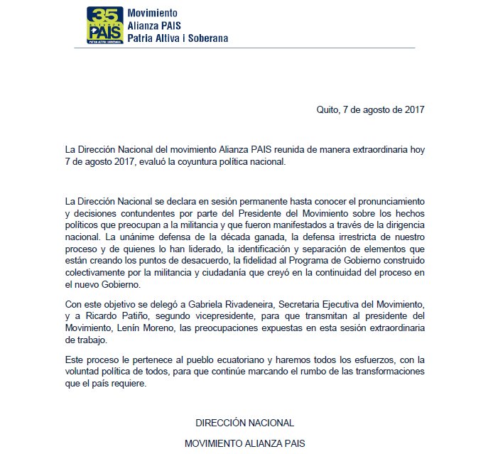 La Dirección Nacional del Movimiento Alianza <a href="/35PAIS/">Pily Castillo KRC 🗣️</a> emite el siguiente comunicado. <a href="/GabrielaEsPais/">Gabriela Rivadeneira</a> <a href="/RicardoPatinoEC/">Ricardo Patiño</a>