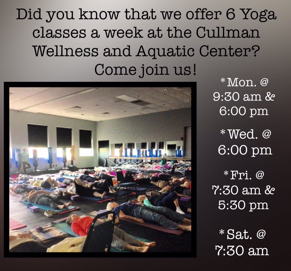 CullmanParksRec's tweet photo. Check out our yoga classes at the Cullman Wellness and Aquatic Center! #CWACBuzz https://t.co/NQqvvz80lN