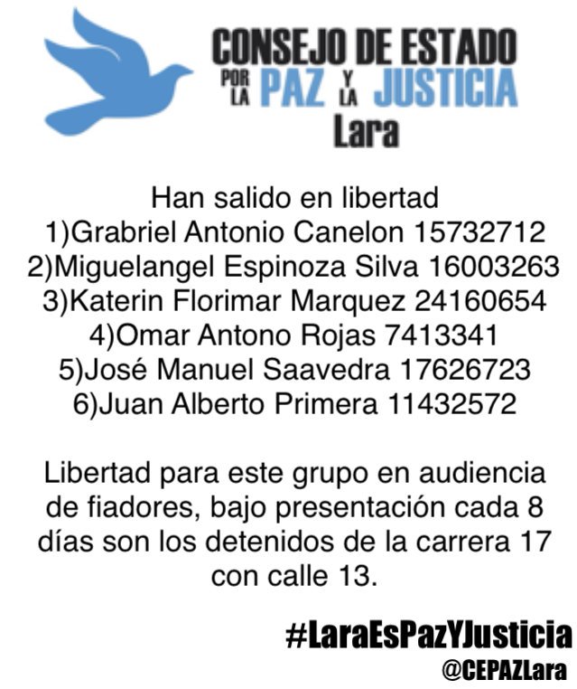 6 personas anteriormente detenidas en la carrera 17-calle 13 salieron hoy el libertad gracias a nuestros abogados.