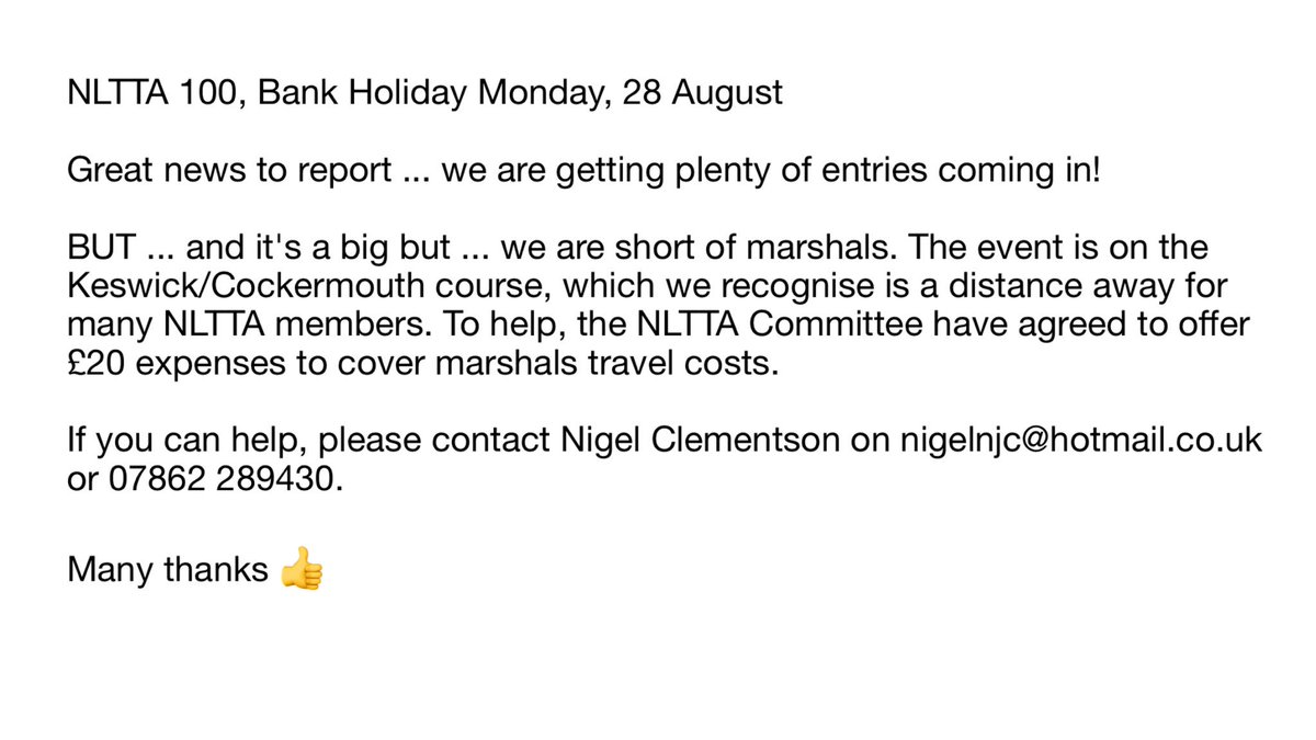NLTTA1928's tweet photo. NLTTA 100 on Mon, 28 August - Marshals urgently needed - see pic below for details, inc expenses - Pls RT and ❤️ https://t.co/ghZcLMswbL