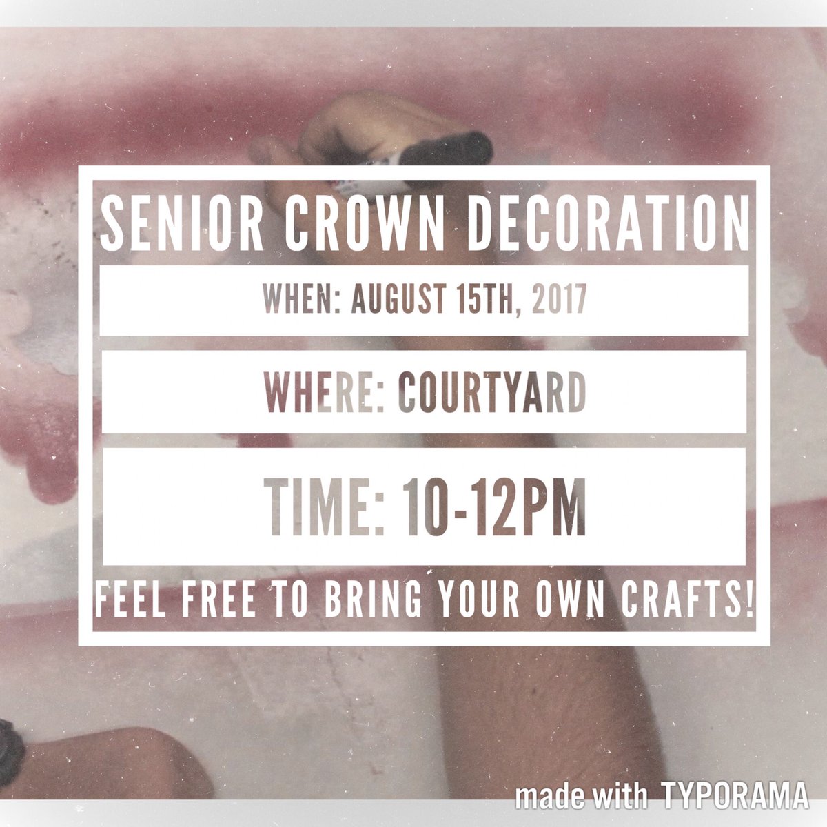 whsh18's tweet photo. Seniors, join us in the courtyard on August 15th to work on Senior Crowns, feel free to bring your own supplies or use the ones provided 👑 https://t.co/mmqCcjGhx5