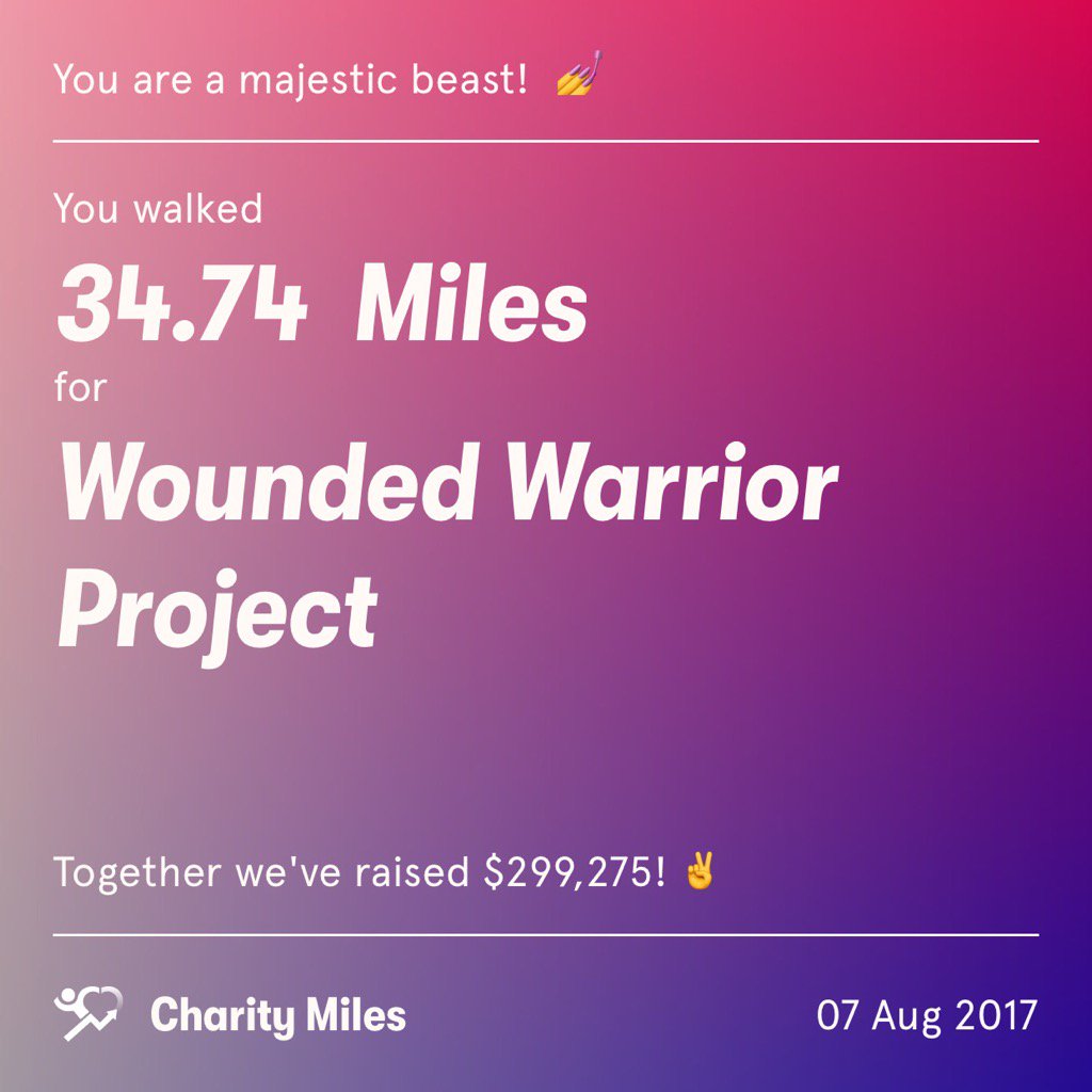 PatrickArnold6's tweet photo. 34.7 @CharityMiles for @wwp. Thx 2 #JNJ &amp; @DonateAPhoto. And I'm tired!!! https://t.co/ibVarpdf5a