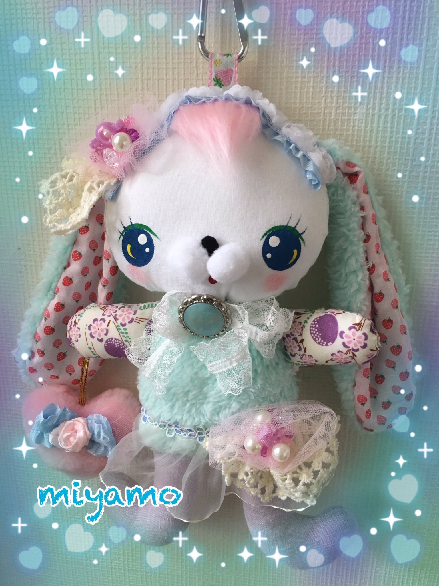 Twitter 上的 みやも人形 うさぎのぬいぐるみが仕上がりました ゆめ可愛い感じにしました 全長28センチの大き目の子です ハンドメイド ゆめかわいい 水色 ぬいぐるみ Kawaii ロマアラ ロリータファッション メルヘンチック Miyamoのお人形 お顔は