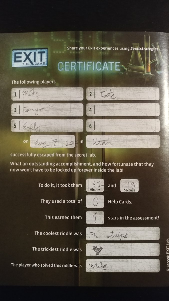 MrMikeAdams's tweet photo. Played #ExitTheGame #TheSecretLab with the family tonight since my kids love puzzles. They raced through and loved it! #exitstrategies https://t.co/VFoUCUoKWG