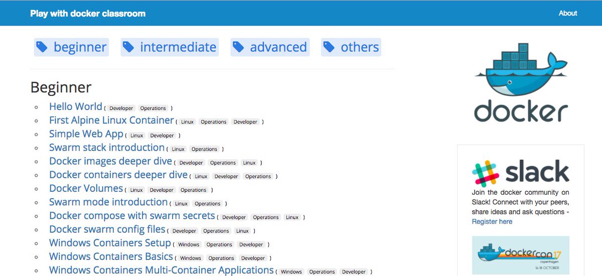Docker's tweet image. Are you a student excited about learning #Docker? Try out our self-paced beginning labs here: bit.ly/2hFpd4U