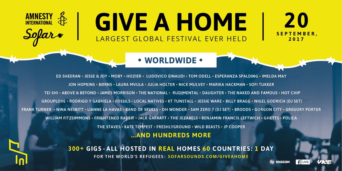 Announcing new artists playing #GiveAHome w/ <a href="/amnesty/">Amnesty International</a>: <a href="/jesseyjoy/">Jesse & Joy Oficial</a>, <a href="/thelittleidiot/">moby XⓋX</a>, @hozier &amp; more. Learn more: bit.ly/sofar-gah-tw08…