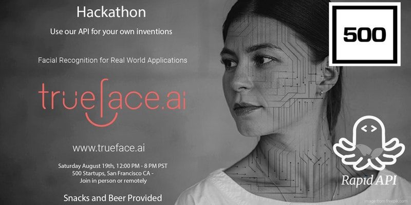 Boomtown's tweet image. Facial Recognition Hackathon, August 19th in SF. Run by @Trueface_ai (Chui), @500Startups &amp;amp; @Rapid_api. #startups buff.ly/2vI3hvc