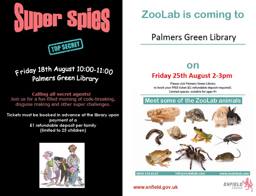 Coming up at #PalmersGreen #Library: Super Spies craft event on 18/08 &amp; ZooLab on 25/08! Visit the library &amp; reserve your place! #Enfield