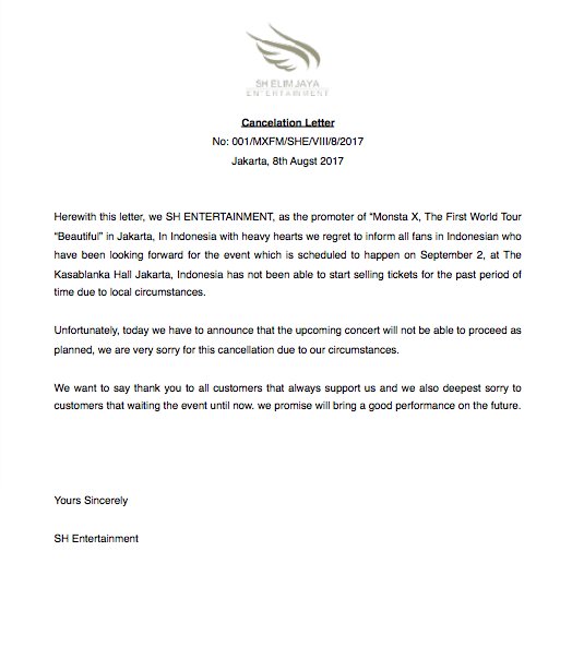[NOTICE] Monsta X The First World Tour "Beautiful" in Jakarta unfortunately must be CANCELED. We are so sorry about this problem