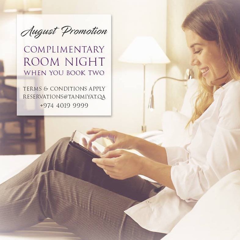 MDohaHotel's tweet photo. We are treating you this August to a complimentary night stay at #MDoha when you book two! Contact our reservation… https://t.co/XkH49BWXqL https://t.co/7r7MYKL1I1