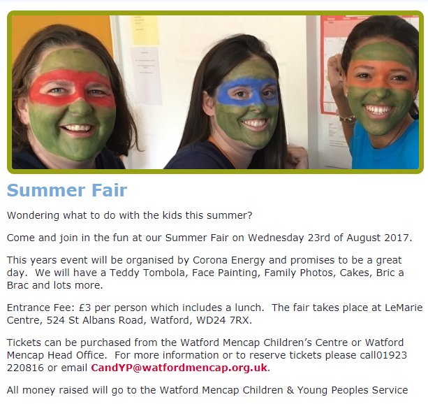Corona_Energy's tweet photo. Come &amp; join us at the @WatfordMencap Summer Fair on Wednesday 23rd August, 12-4pm! ☺️See more detail below. #makingapositivedifferencetoday https://t.co/lL1MP4ocNc