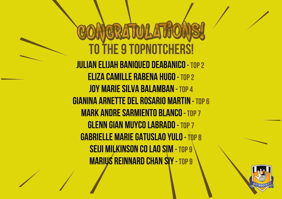 UST_OTSociety's tweet photo. You are truly top-nOTch! We would like to congratulate the 9 Board Topnotchers of Batch 2017. We're proud of you! 🐯
#USTOTPride #OTBatch2017 https://t.co/cU0cBN8gLp