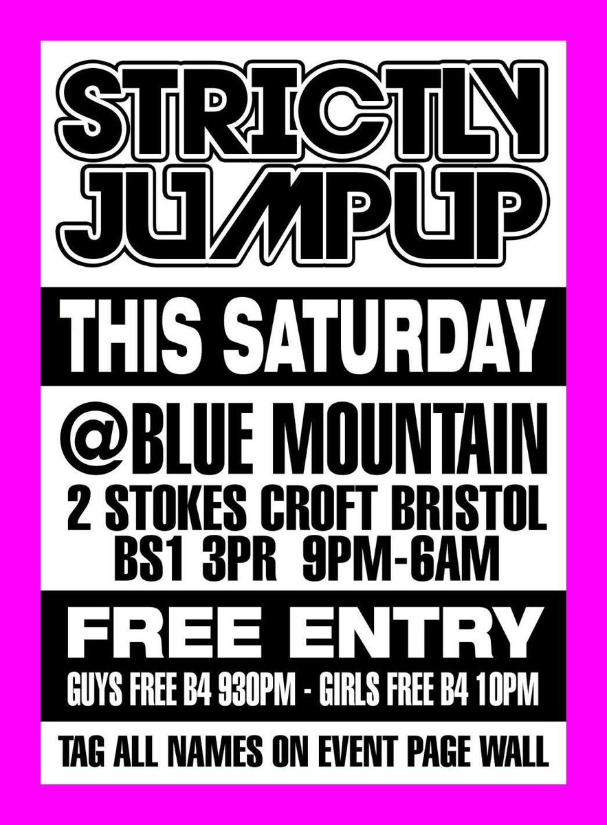 Free rave this Saturday 
@ blue mountain bristol see event page #dnb #grime #jumpup #jungle #bassline RT 💥💥

facebook.com/events/3676507…