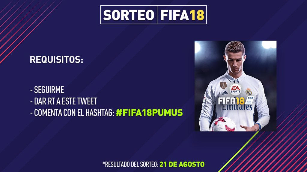 Pumuscor on X: SORTEO DE UN FIFA 18!!! REQUISITOS: SEGUIRME, RT A ESTE  TWEET Y COMENTA CON EL HT #PUMUSFIFA18 FINALIZA EL 21 DE AGOSTO.   / X