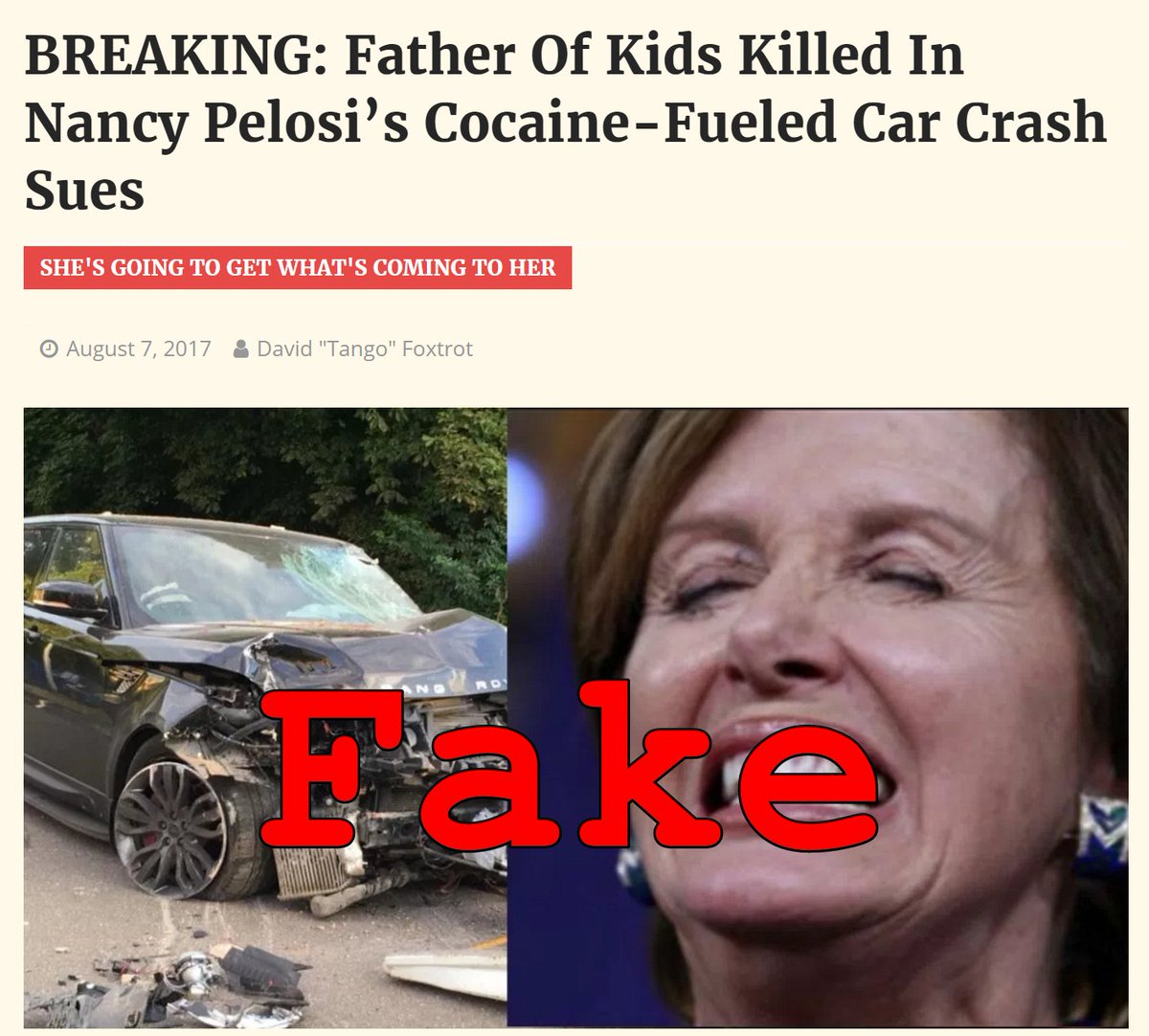 LeadStoriesCom's tweet photo. Fake News: Nancy Pelosi NOT In Cocaine Or Alcohol Fueled Car Crash
https://t.co/VJFpWqhfMt
#fakenews #hoax #Pelosi #NancyPelosi https://t.co/8QRBoUdxTK