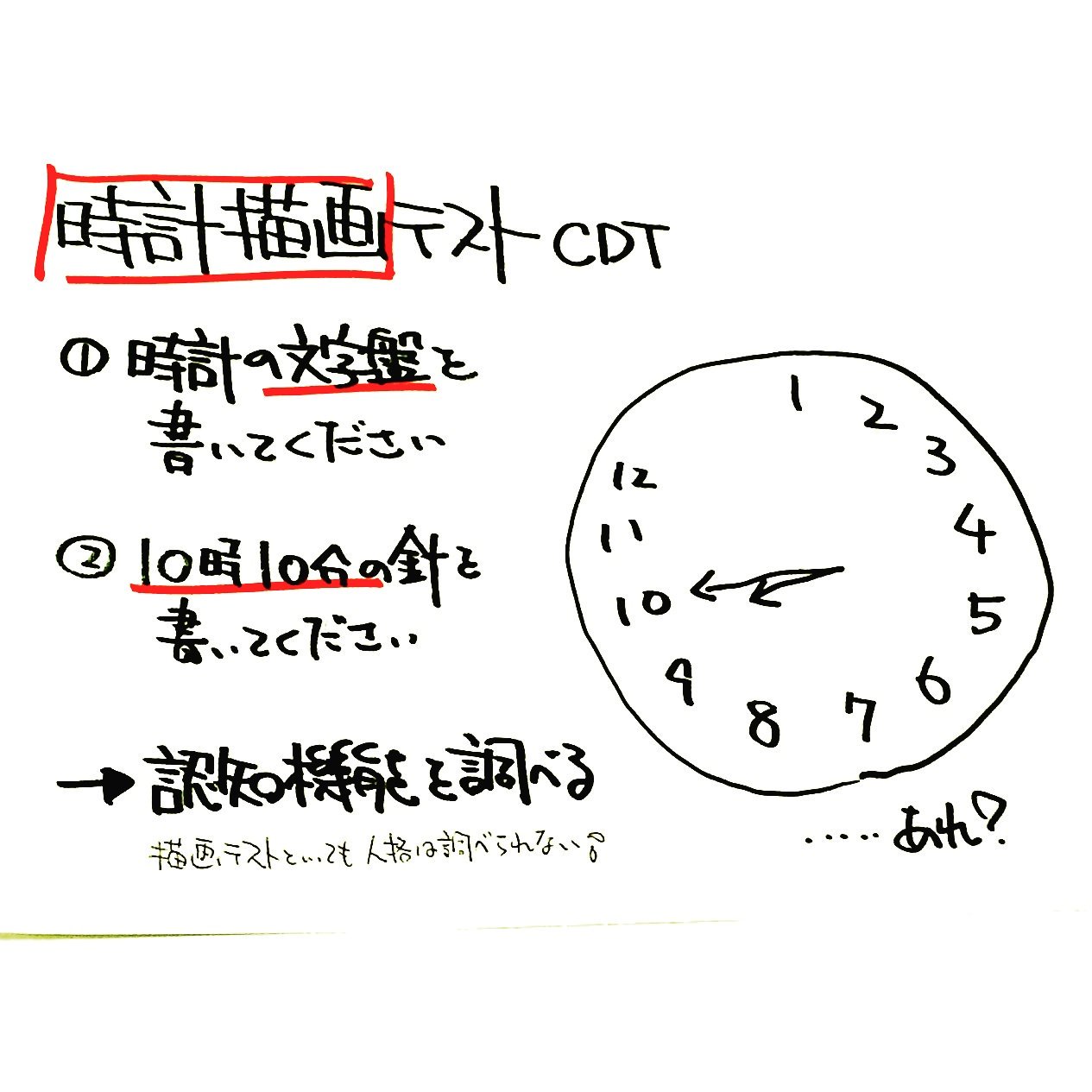 精神科医 ぷしこノート Sur Twitter 時計描画テストは 時計の文字盤をかいてください 10時10分の針をかいてください と指示して認知機能の低下の有無を検査するもの 精神科医 ぷしこノート Sur Twitter 時計描画テストは 時計の文字盤をかいてください 10時10分の針をかいてください と指示して認知機能の低下の有無を検査するもの