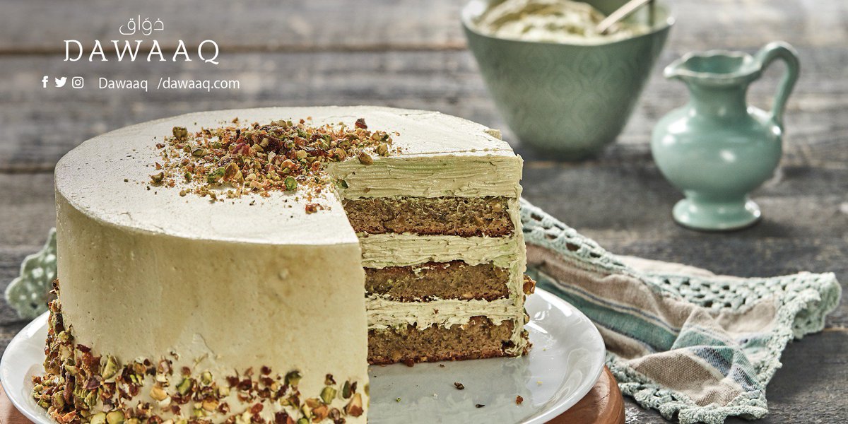 DAWAAQ's tweet photo. The Pistachio Rahash cake with its delicious filling and flavor is now available at Dawaaq Al Ain Mall! #Dawaaq #cafe #open #Al-Ain https://t.co/eJrA9TFklk