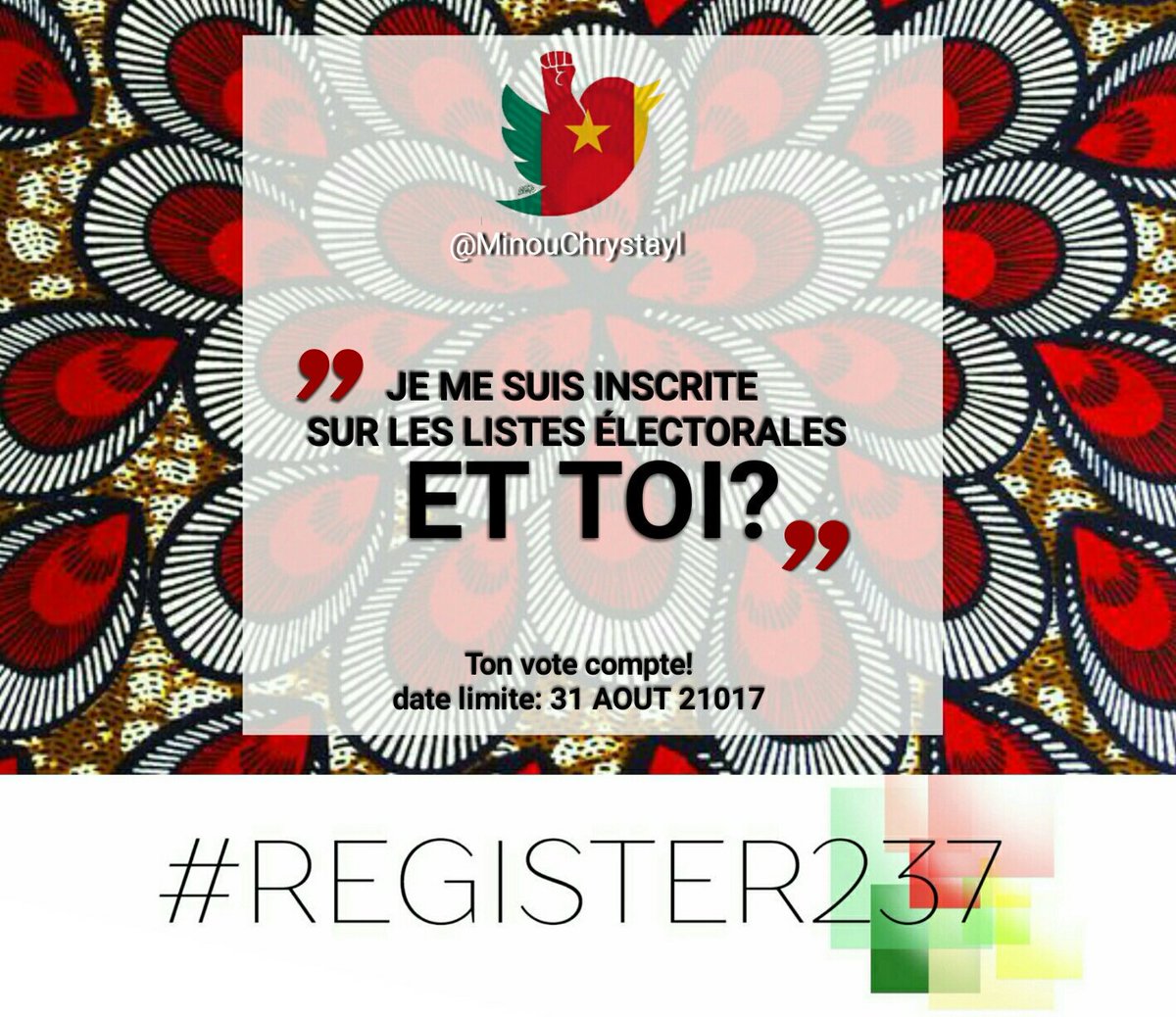 MinouChrystayl's tweet photo. Je me suis inscrite sur les les listes électorales. Et toi ? 
@Mpodol_237 @Register237 #cameroun #infographie #tonvotecompte @sydneyolivierO https://t.co/BuzCPmnIcA