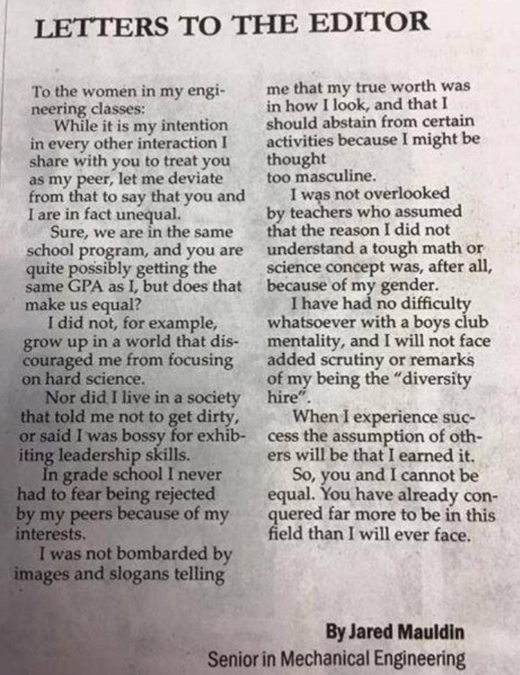 MyDaughtersArmy's tweet image. A letter from a male Mech-engineer Senior to his female classmates.

&quot;...you and I can&apos;t be equal.&quot;