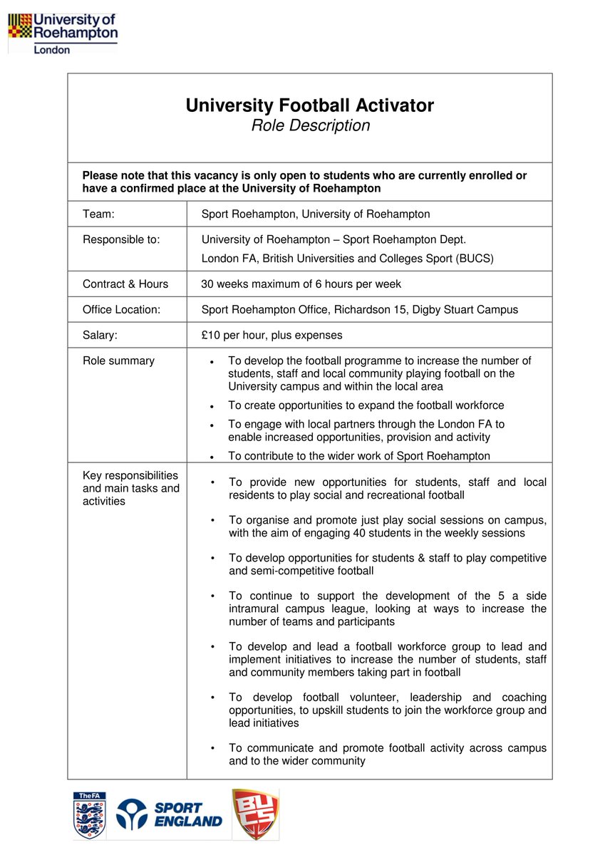 sportroehampton's tweet photo. SR are recruiting for a part time Football Activator, check out pictures below for details &amp; how to apply @RoehamptonUni @RoehamptonSU https://t.co/0aw5ncEagm