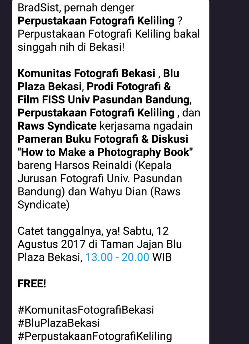 #Pameran Buku Fotografi &amp; Diskusi "How to Make a Photography Book".
Sabtu 12/08 di #BluPlazaBekasi 
#event FREE!
goo.gl/rdgXfv