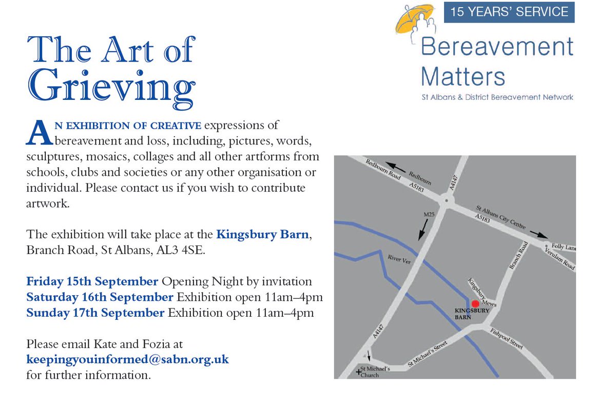 BrvmntMatters's tweet photo. Join us at our exhibition showcasing creative expressions of bereavement and loss. #charitytuesday #bereavementmatters #artofgrieving https://t.co/XaWJAUj6aO