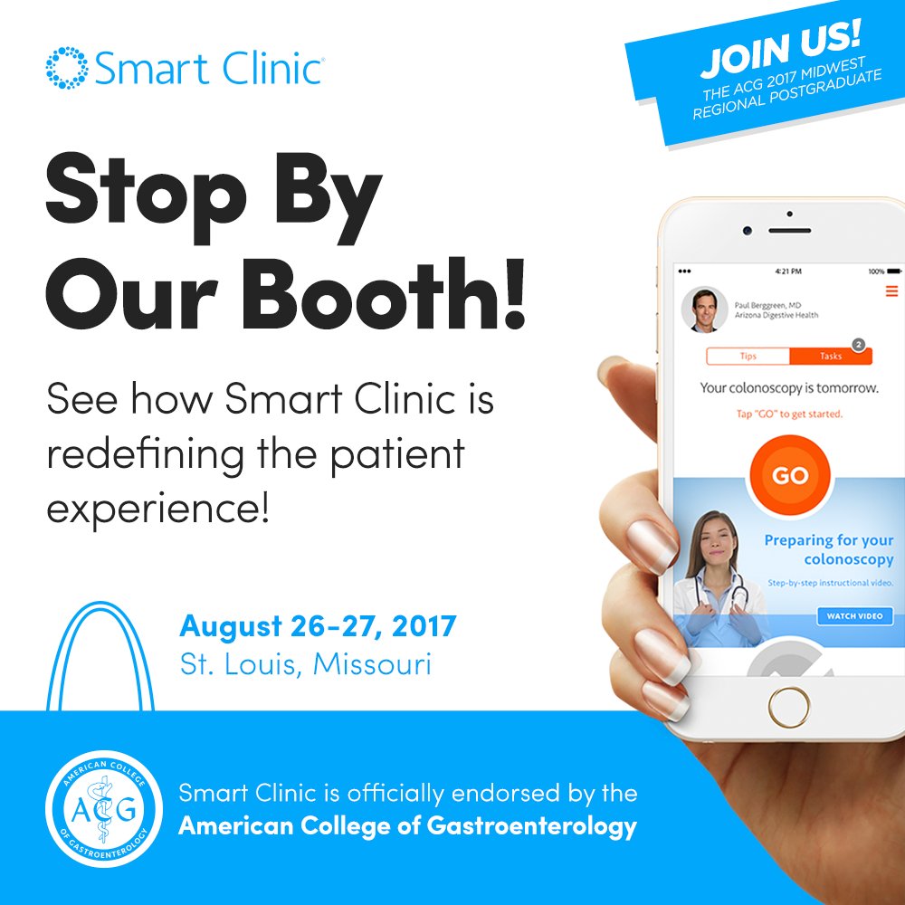 smartclinicapp's tweet photo. Stop by our booth at the 2017 #ACG  St. Louis event &amp; see how we're improving Procedure Prep by +35% - Learn More: https://t.co/8ZrWzWfFZ7 https://t.co/V40e4A2e2r
