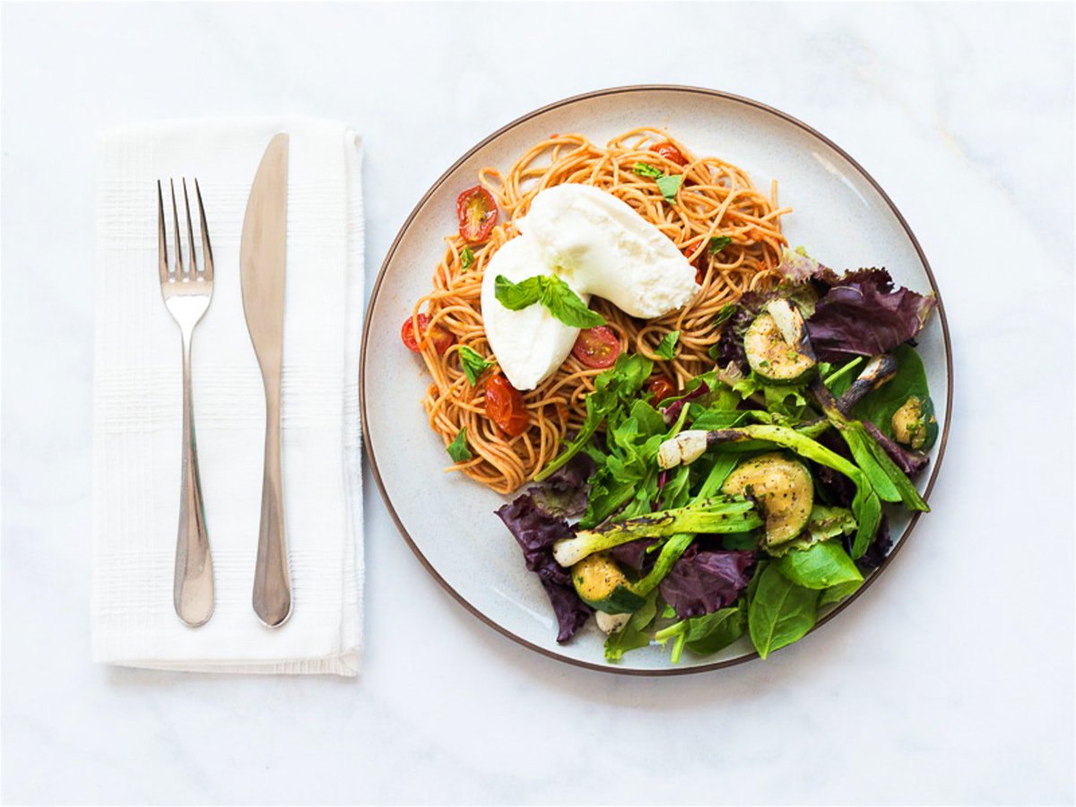 GalleyBaltimore's tweet photo. The perfect summer pasta comes mixed w/fresh tomatoes, scallions and zucchini before being finished w/a delicate and creamy burrata wedge. https://t.co/zmYLwAs1Db