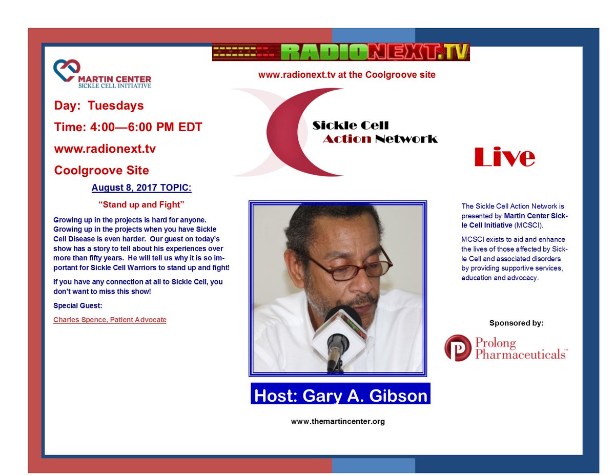 MartinCenter's tweet photo. "Stand up and Fight!" That's the motto of today's guest on the Sickle Cell Action Network Show. He's 53 and he has a story to tell! https://t.co/eKM8y1H9Xa
