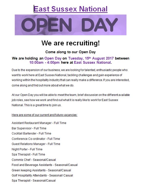 ESNProshop's tweet photo. East Sussex National are recruiting! Come along to our Open Day next Tuesday to find out more about what we do and what you could do. https://t.co/gFQxCaC2oh