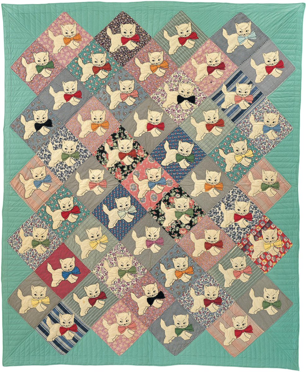 FolkArtMuseum's tweet photo. #InternationalCatDay and #TextileTuesday on the same day? Yup, we've got an object for that! Kitten Appliqué Quilt, 1941–50, artists unknown https://t.co/ycnOy5TWR6