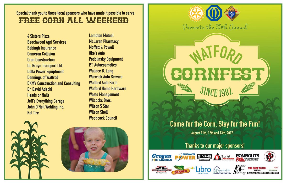 lambtonmutual's tweet photo. "Come for the Corn, Stay for the Fun!"  Enjoy free corn all weekend! Watford Cornfest - Aug 11th, 12th and 13th, 2017. #eatinglocally https://t.co/aRlBqgVa5v