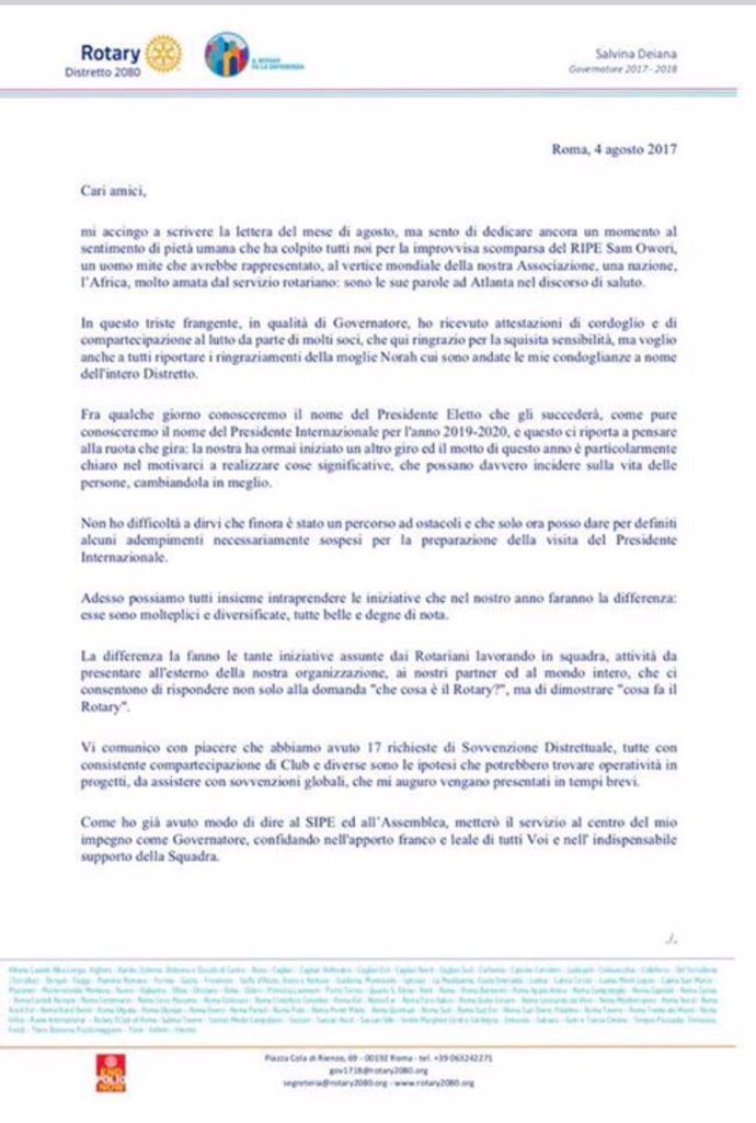 R I Distretto 80 La Lettera Del Mese Della Governatrice Deiana