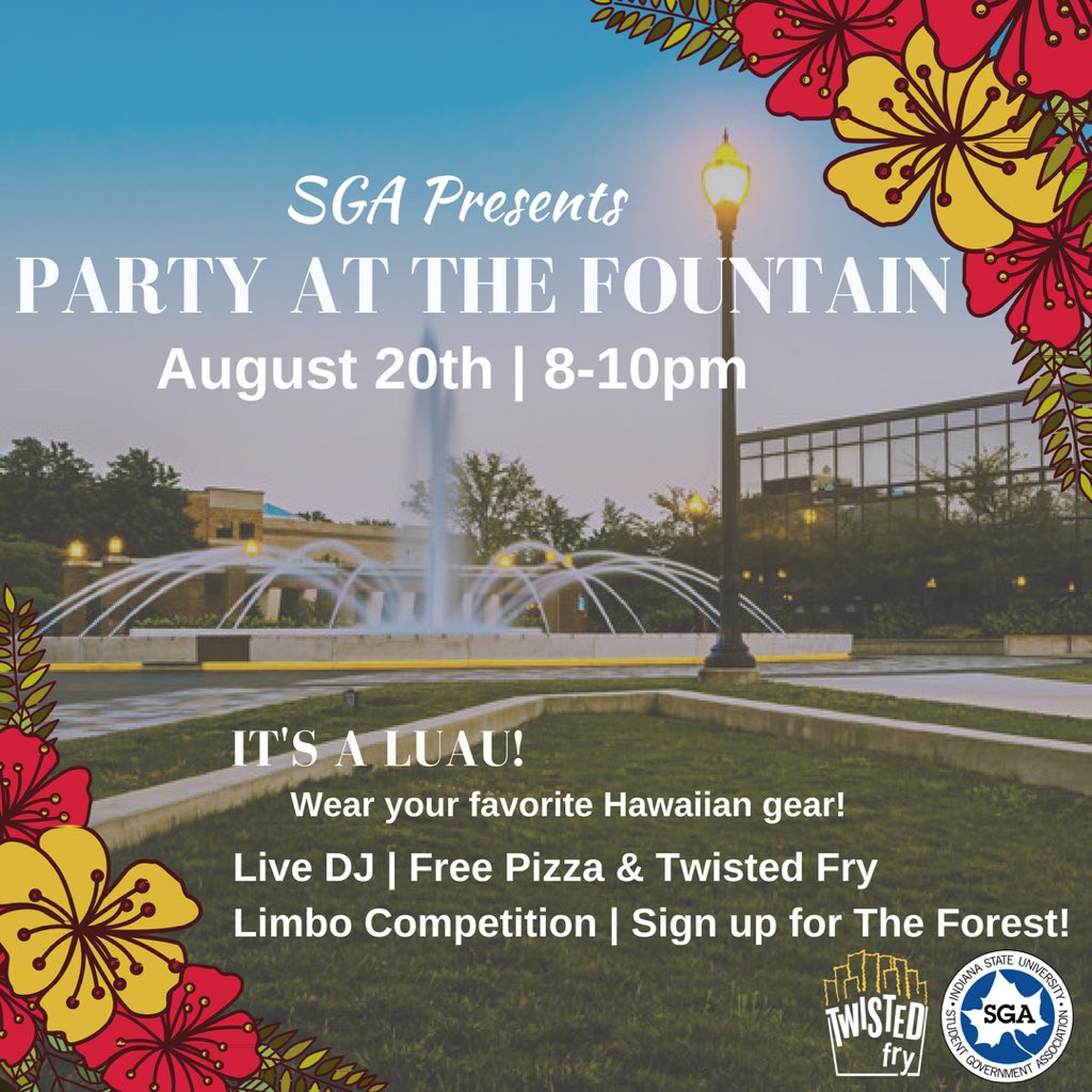 You're invited to Party at the Fountain on August 20th from 8-10pm! Come out for a Luau, live DJ, free food, games, friends, and more! 🌺🌴🍕