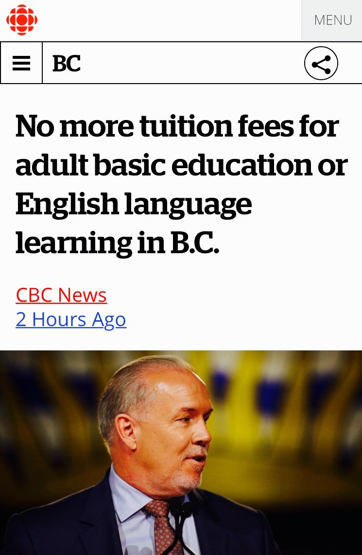"No more tuition fees for adult basic education or English language learning in B.C." bit.ly/2uDN1aw