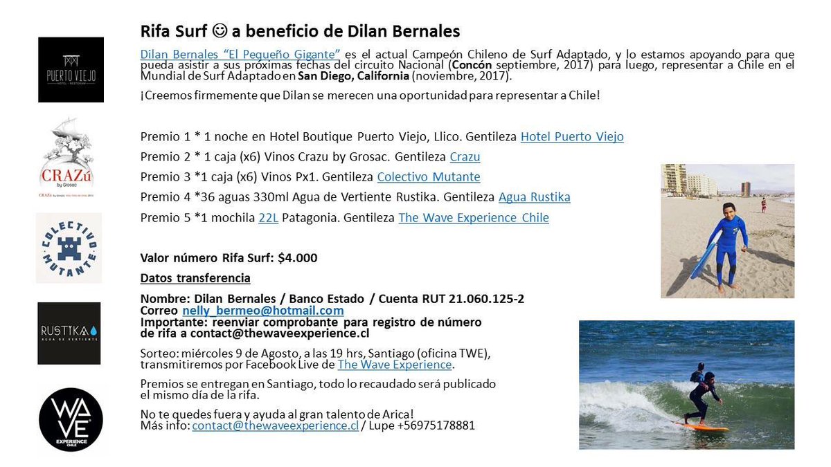 lupesepulveda's tweet photo. Grandes deportistas que buscan la oportunidad para brillar.. rifa #surf a beneficio de Dilan Bernales! @SurfParadise_cl @Surforo compartir! https://t.co/oDhYOkFS66