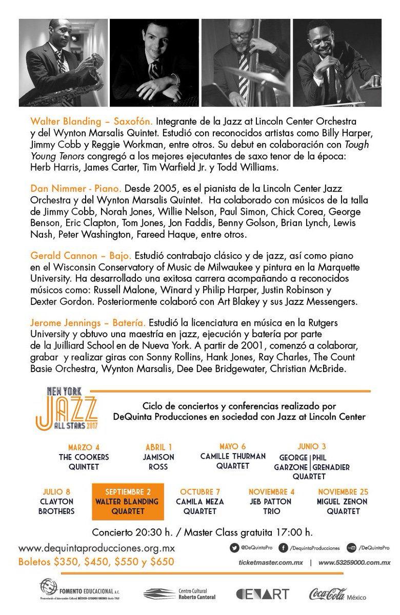 DeQuintaPro's tweet photo. ¡No tienes que ir a NY !
Walter Blanding Quartet
Sáb 2 de sept, 20:30 h 
Asegura tus boletos aquí https://t.co/OuiQUvh8Hq https://t.co/qyxv2WQ2Qq