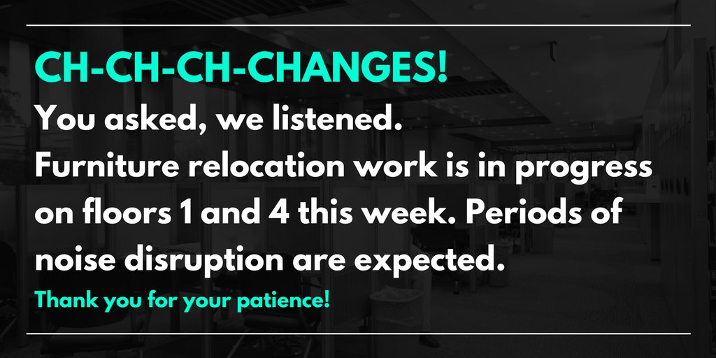 UTMlibrary's tweet photo. We're making some exciting changes this week at #UTMLibrary on floors 1 & 4! For alternative study spaces, visit https://t.co/TUYunbV1w6 https://t.co/ppiesX5TlS