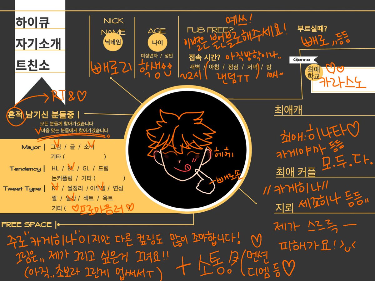 bbero_HQ's tweet photo. #하이큐_트친소
처음 해보는 트친소라 잘부탁드릴게요!!
타장르에는 문스독이 있어요!(간혹 이 외의 장르를 알티 할 수 있어요)
소통좋아하고 물렁하지 못해 흐물하니 맘껏 들이대주세요🙆💓
알티 마음 둘 다 잡으러 가겠습니다💕 https://t.co/DxM8A71wi3