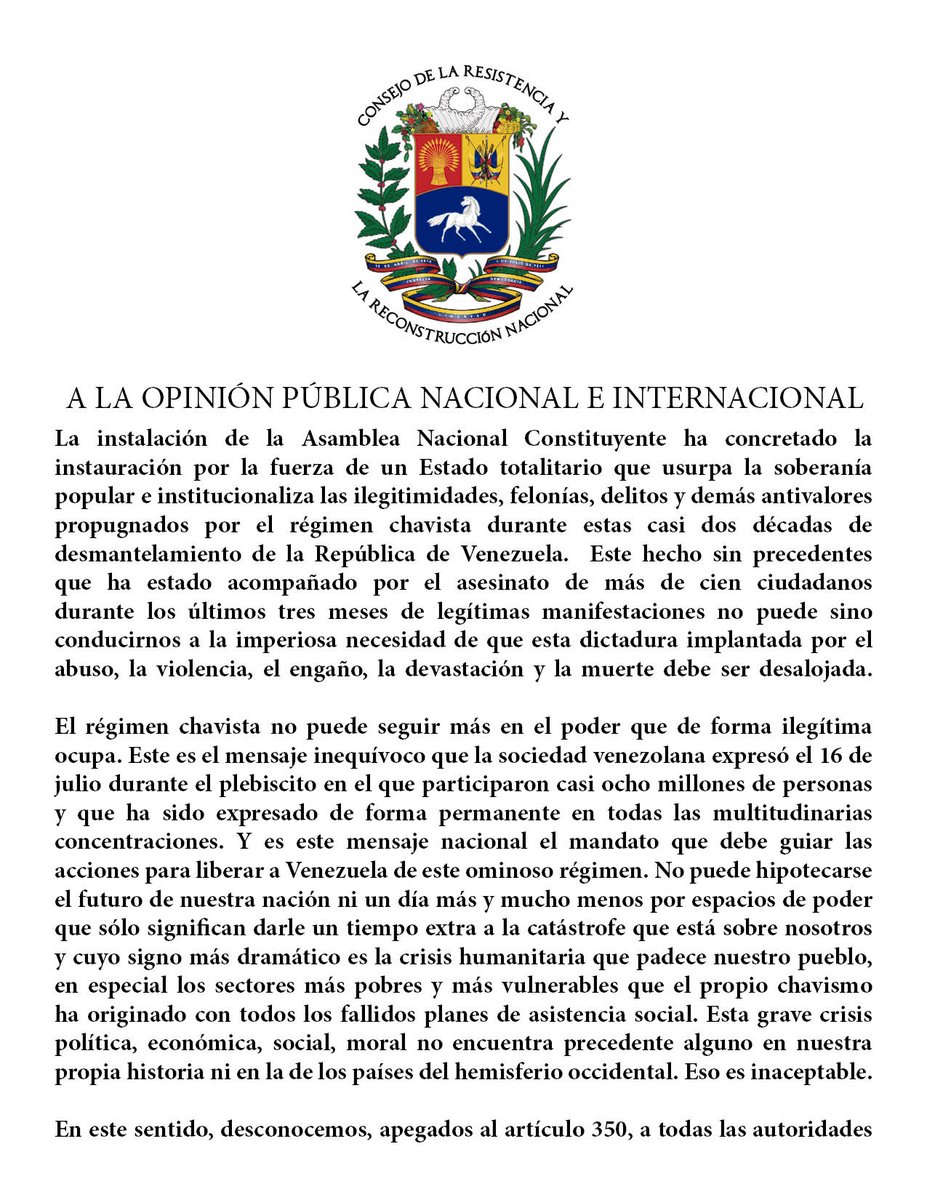 coronilhartmann's tweet photo. RT #8Ago El Consejo de la Resistencia y Reconstrucción Nacional: RÉGIMEN CHAVISTA DEBE SER DESALOJADO DEL PODER https://t.co/1TgfOGjRjD