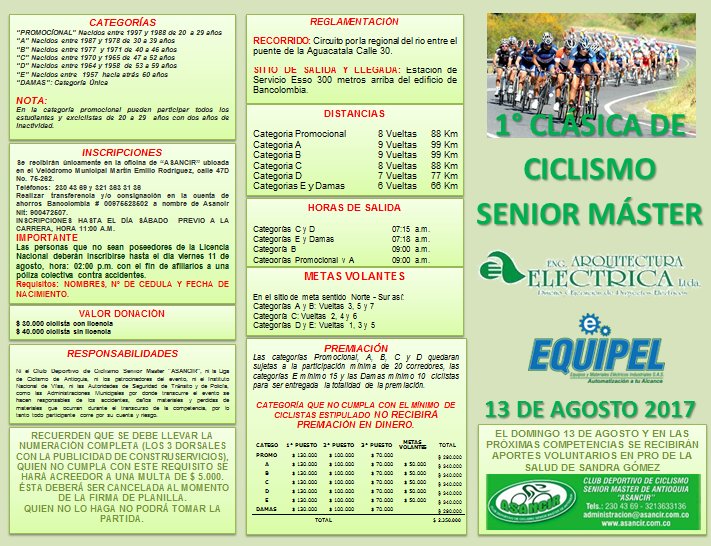 PRÓXIMO EVENTO: 1° Clásica de Ciclismo Senior Máster Arquitectura Eléctrica - Equipel 13 de agosto de 2017