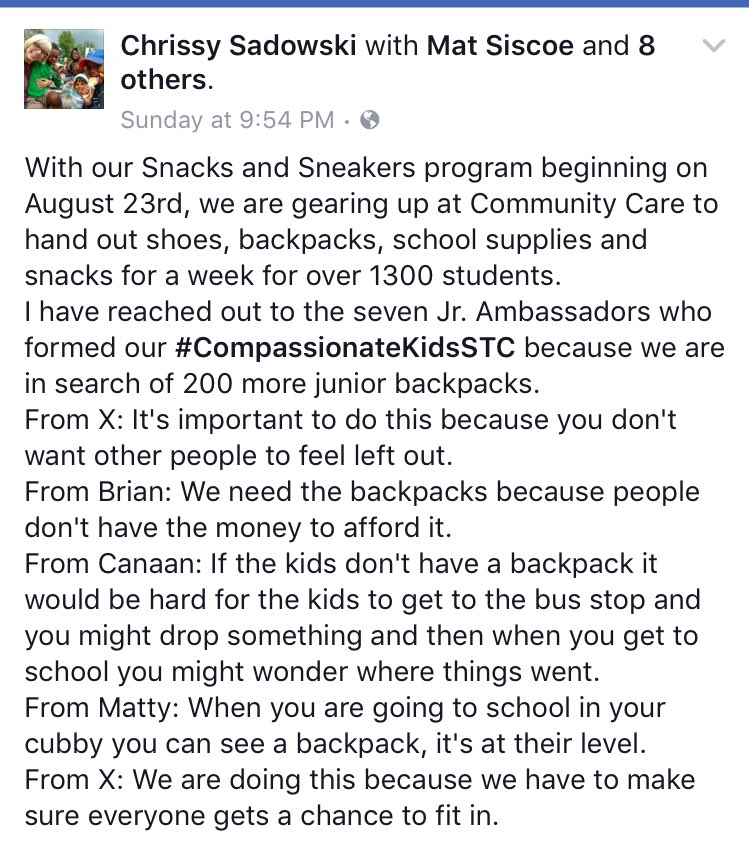 Just heard Chrissy Sadowski on @thetmcshow #Noon30 #CompassionateKids sharing  #SnacksAndSneakers @communitycarest needs backpacks 🎒