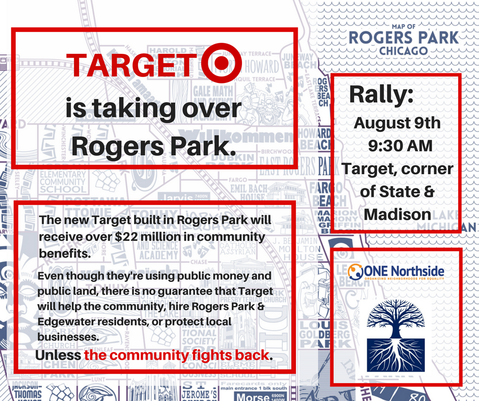 ONENorthside's tweet photo. We won't let @Target use public funds to take over our community -- Rogers Park needs a #TargetCBA #TargetTruth https://t.co/9JkyVNmhU8