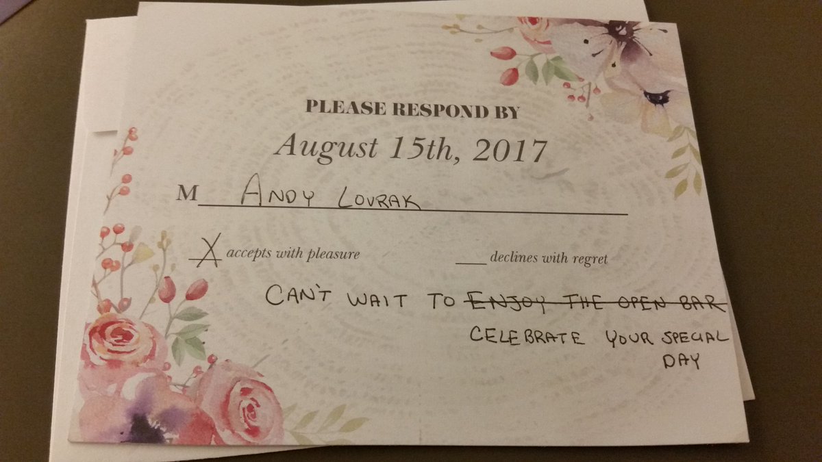 andy_lovrak's tweet photo. Sending wedding RSVPs like https://t.co/2aTFl4WVSr