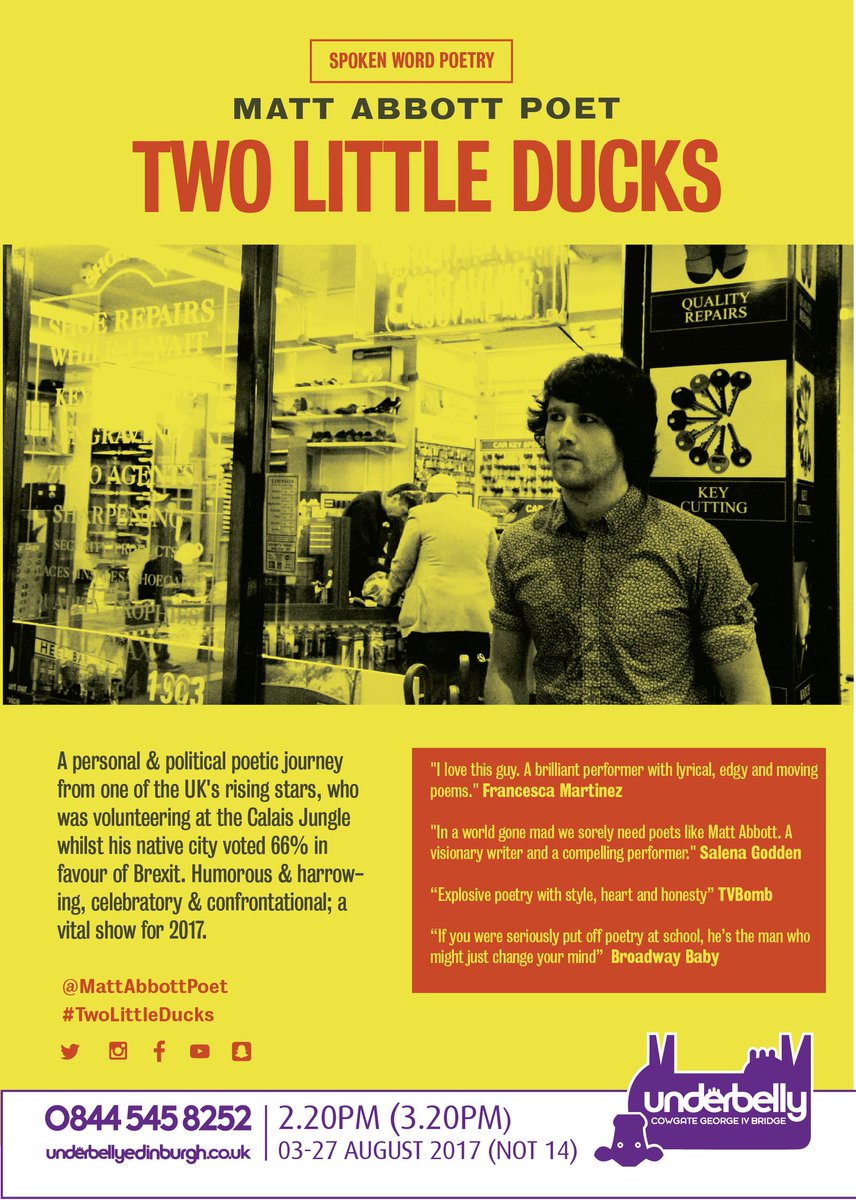mattabbottpoet's tweet photo. A great review of #TwoLittleDucks from my preview at @NorwichArtCentr, courtesy of @LauraPotts123 🦆🦆 #edfringe 
https://t.co/GK8hzt9AfF https://t.co/5YWxxzEc7t
