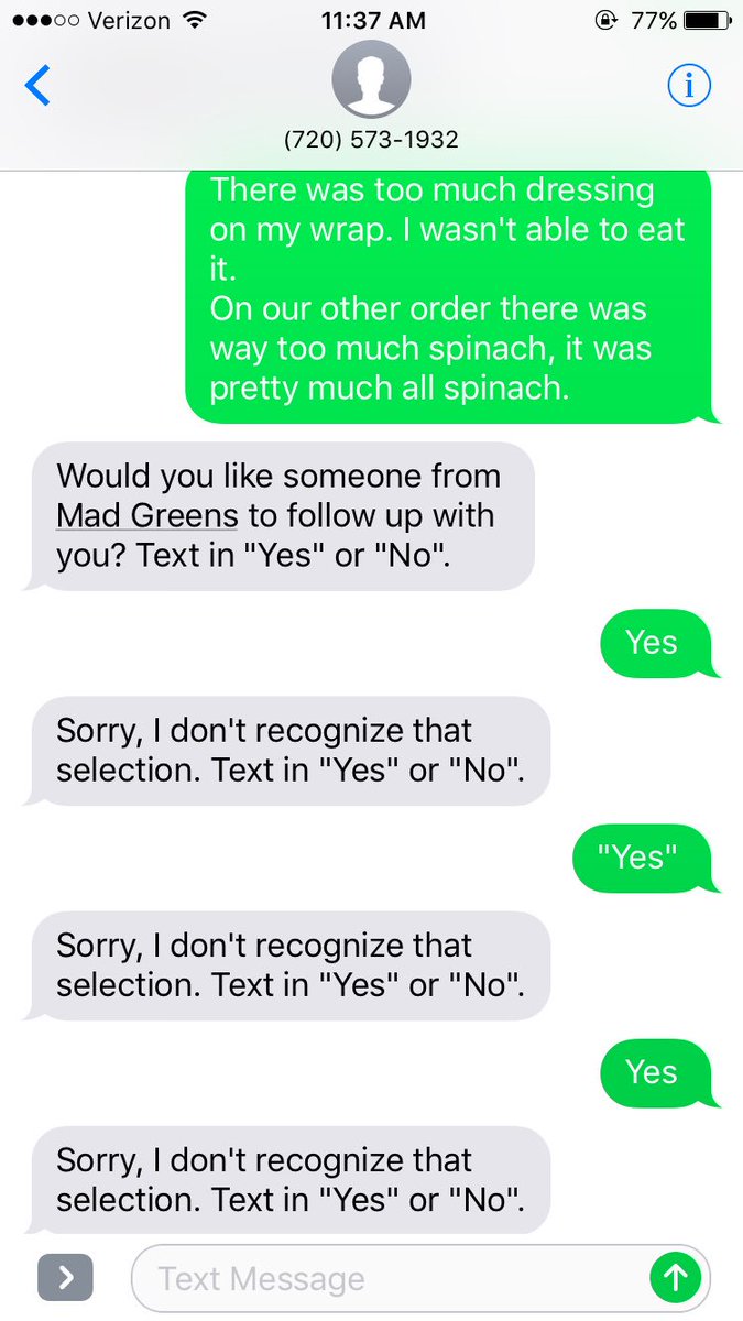 MVaala's tweet photo. @MadGreens Very disappointed In my service today. Tried texting the number given and got this. https://t.co/WMDNSe5dBX
