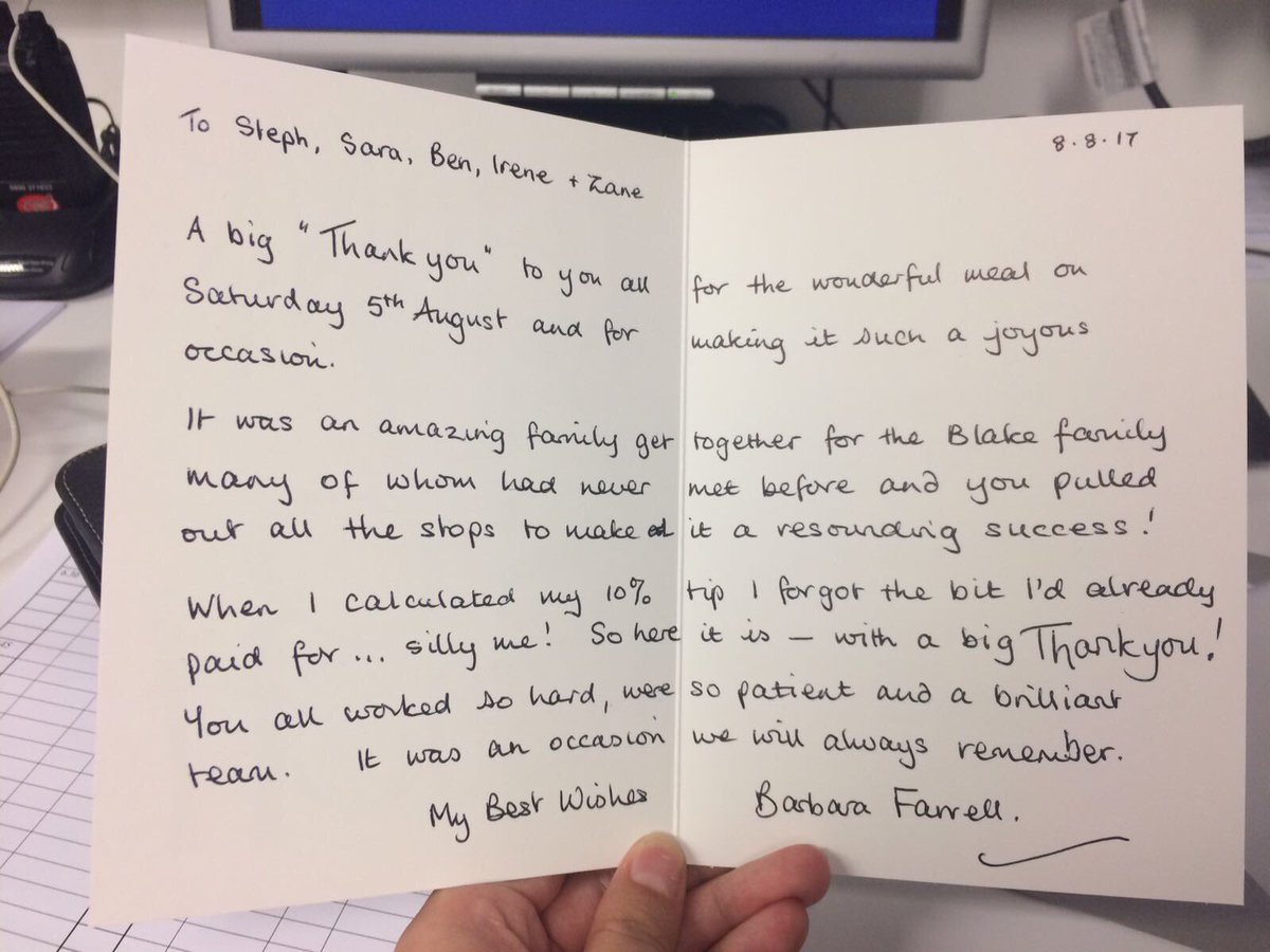 StephyBunnihop's tweet photo. An amazing thank you card from a table of 28 that we served on Saturday night!!! Makes it all worth while! @smmottram @SDEBDD @Quin_Holtz https://t.co/SqNE4pNFnR